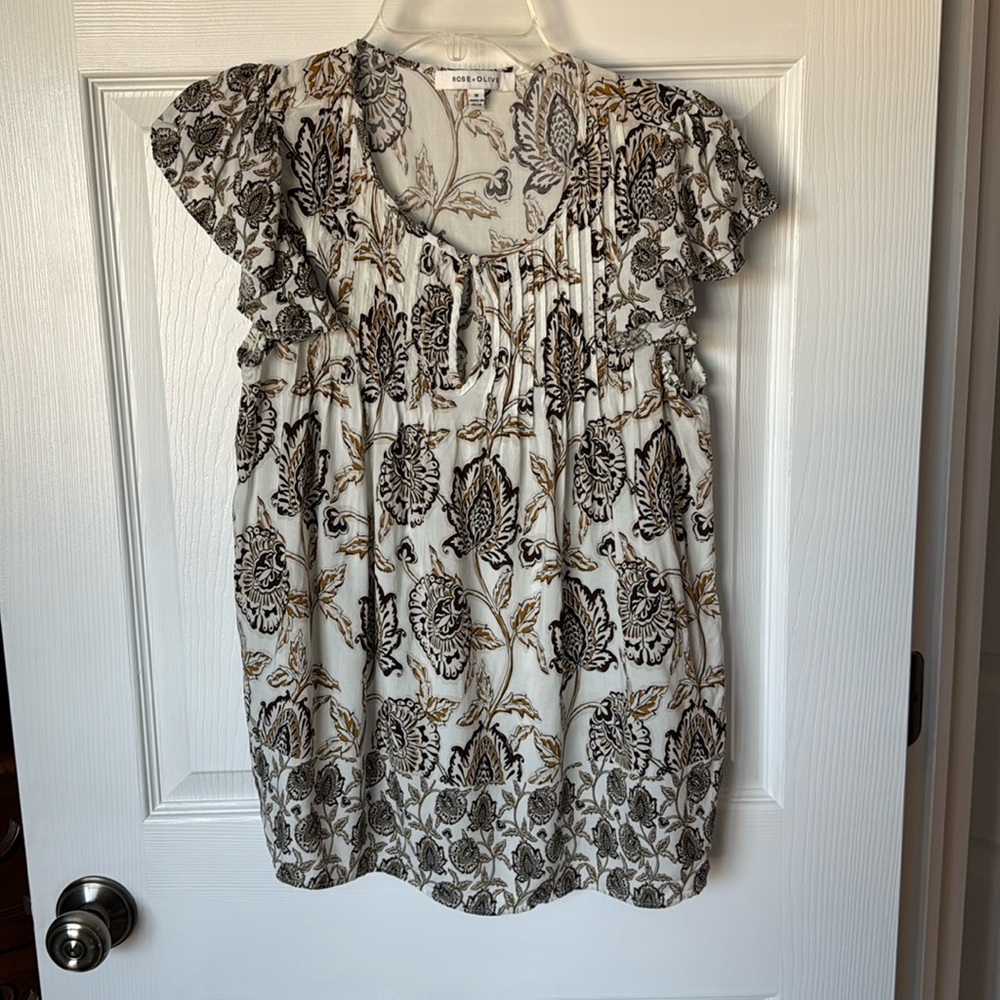 Rose + Olive brown and white paisley blouse - M